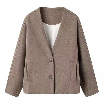 V-neck long sleeved single breasted casual woolen jacket for women