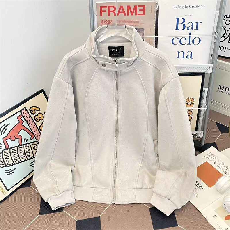 Vintage stand up collar patchwork zipper loose workwear jacket