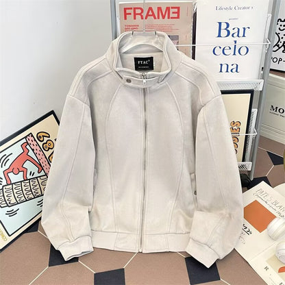 Vintage stand up collar patchwork zipper loose workwear jacket