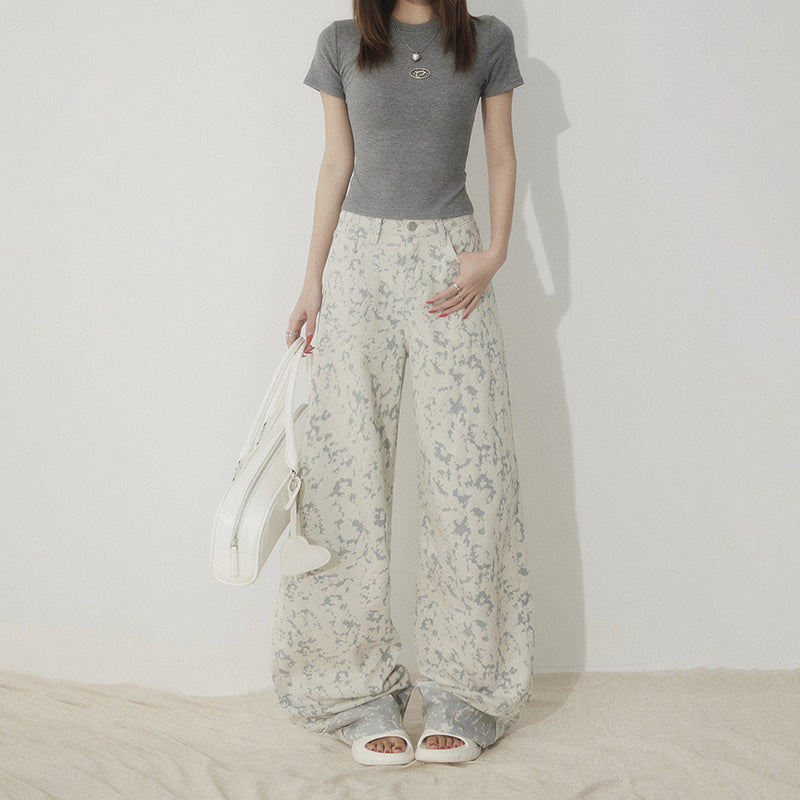 White Tie-Dye Printed Jeans for Women High Waist Loose Wide Leg Pants