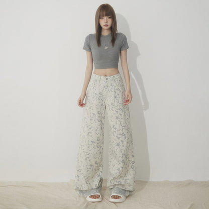 White Tie-Dye Printed Jeans for Women High Waist Loose Wide Leg Pants